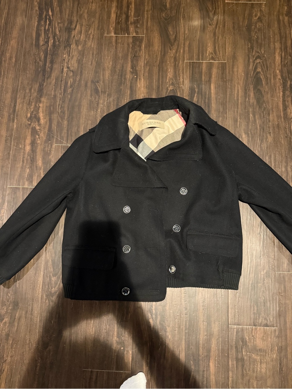 Burberry Black Double-Breasted Peacoat with Signature Plaid Lining